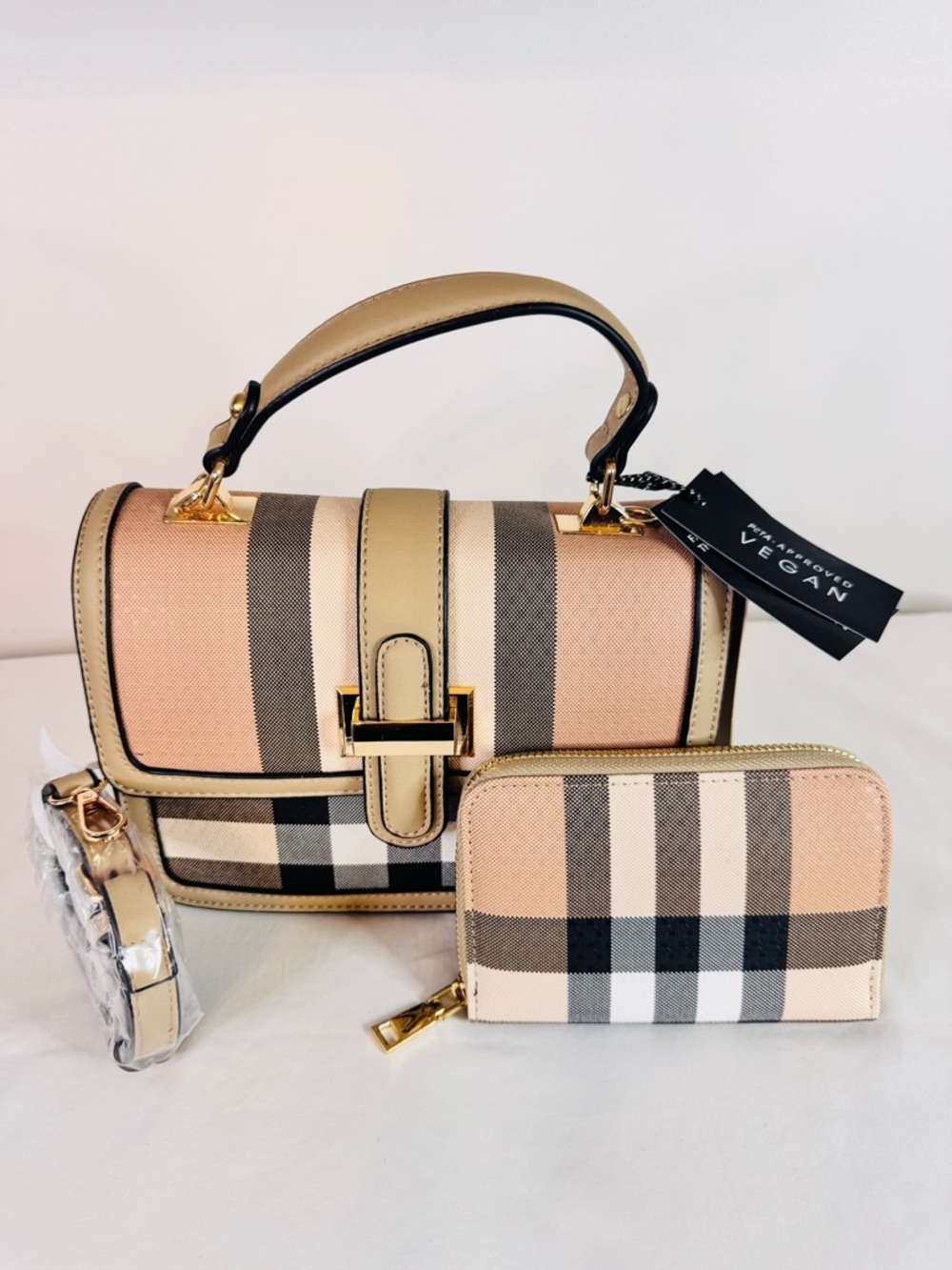 Vegan Beige Plaid Spring and Summer Satchel  with Matching Wallet